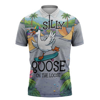 Funny Silly Goose on The Loose Zipper Polo Shirt with Skateboard and Palm Trees