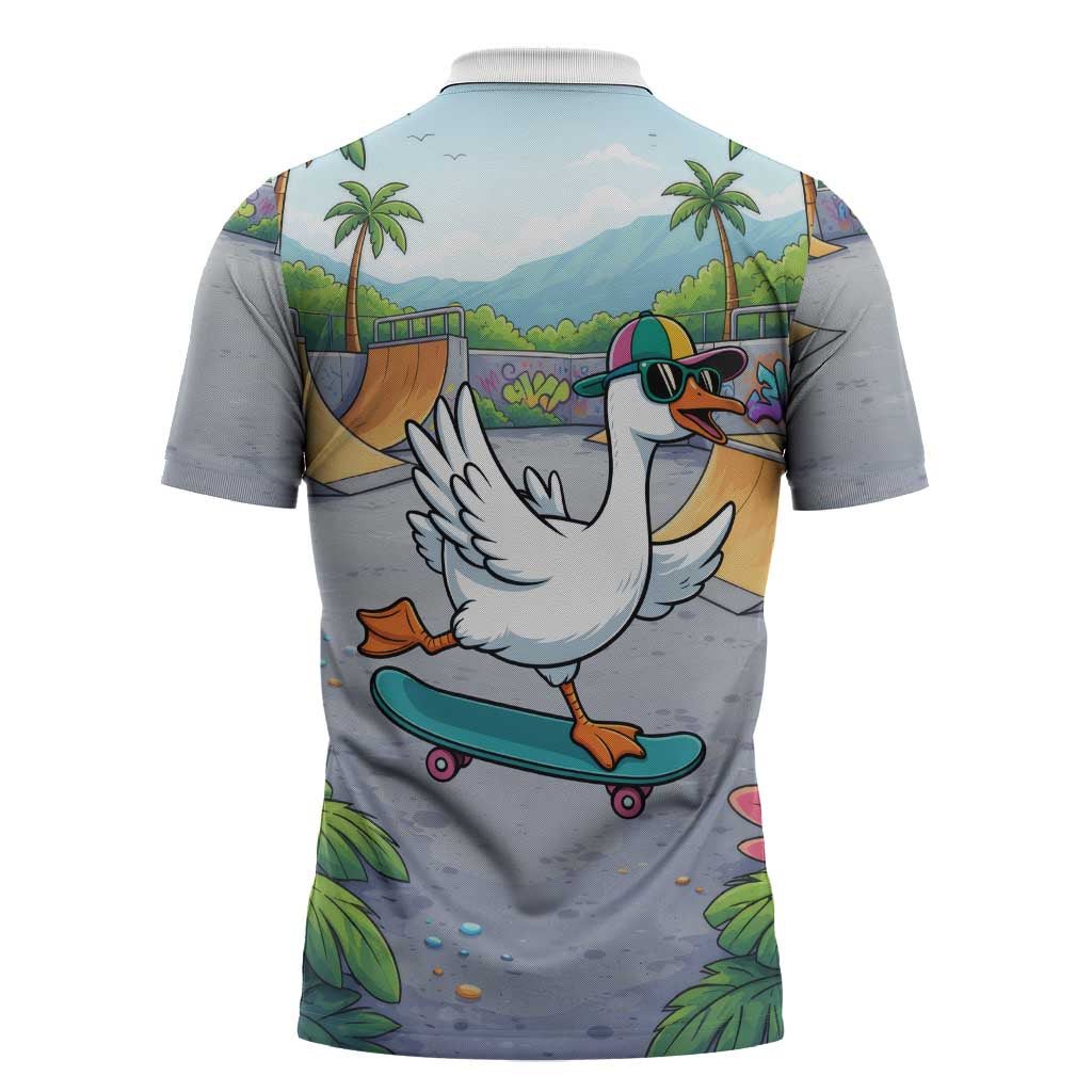 Funny Silly Goose on The Loose Zipper Polo Shirt with Skateboard and Palm Trees
