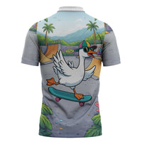 Funny Silly Goose on The Loose Zipper Polo Shirt with Skateboard and Palm Trees