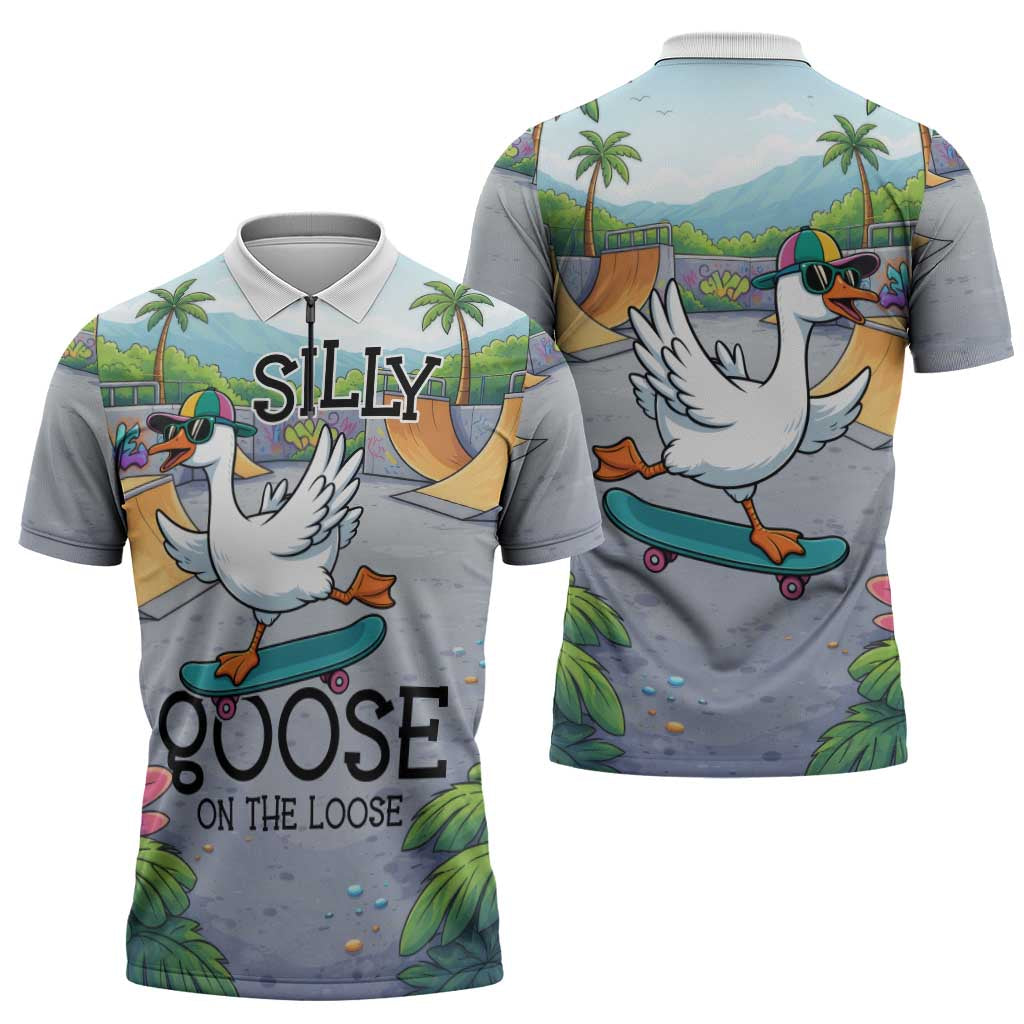 Funny Silly Goose on The Loose Zipper Polo Shirt with Skateboard and Palm Trees