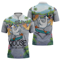 Funny Silly Goose on The Loose Zipper Polo Shirt with Skateboard and Palm Trees