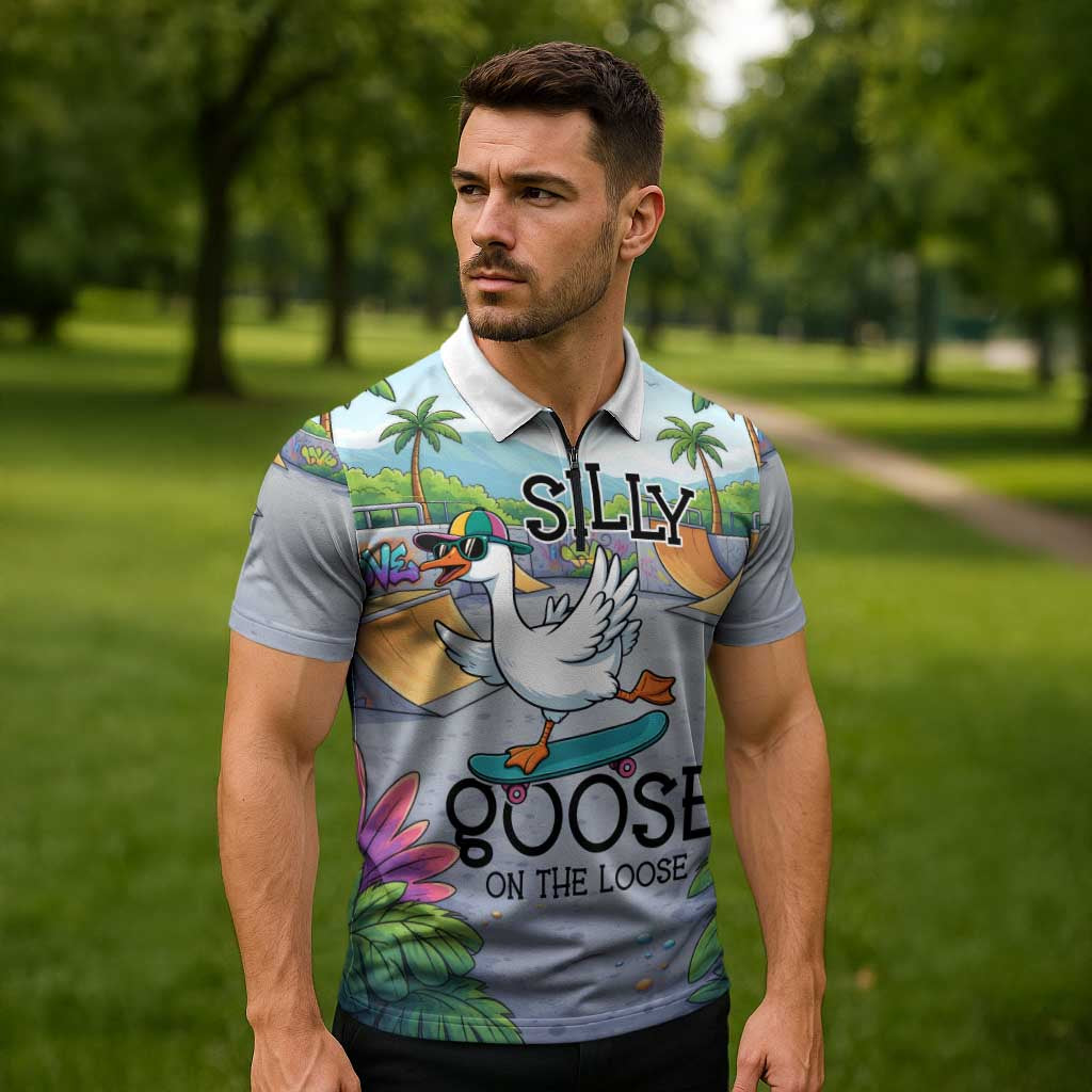 Funny Silly Goose on The Loose Zipper Polo Shirt with Skateboard and Palm Trees
