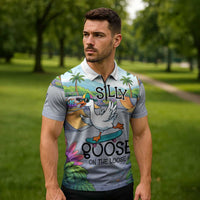 Funny Silly Goose on The Loose Zipper Polo Shirt with Skateboard and Palm Trees