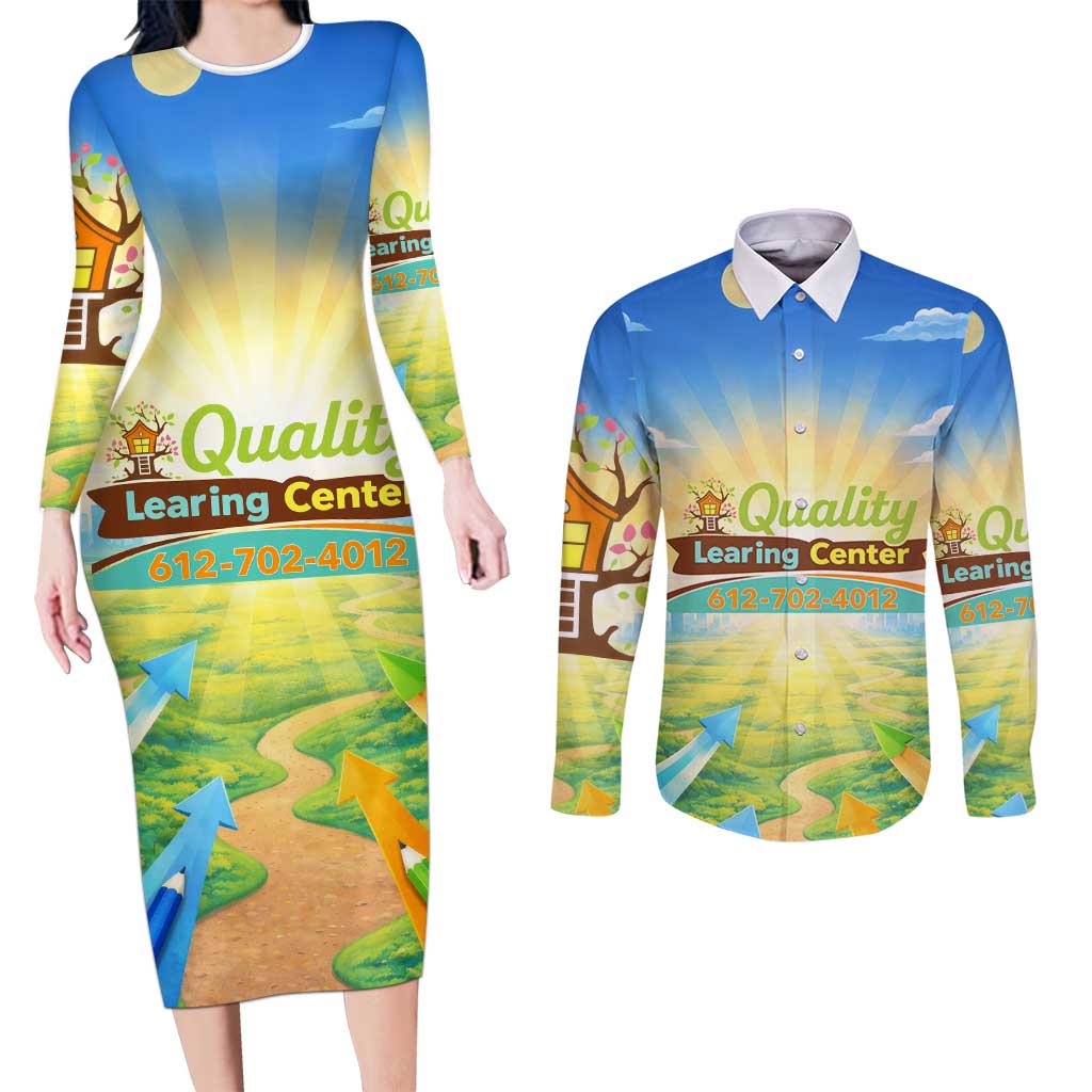 Quality Learning Center Couples Matching Long Sleeve Bodycon Dress and Long Sleeve Button Shirt Funny Day Care Bright and Playful Branded
