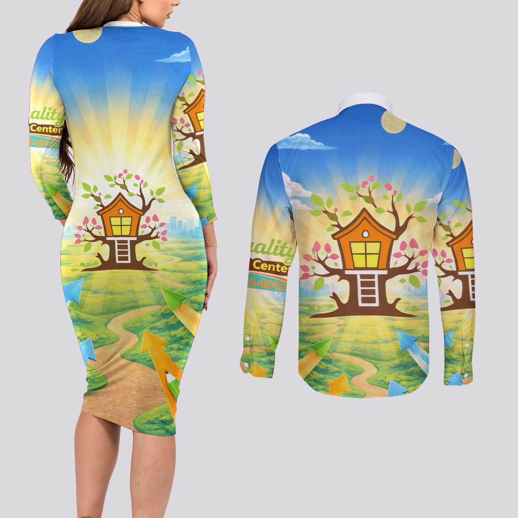 Quality Learning Center Couples Matching Long Sleeve Bodycon Dress and Long Sleeve Button Shirt Funny Day Care Bright and Playful Branded