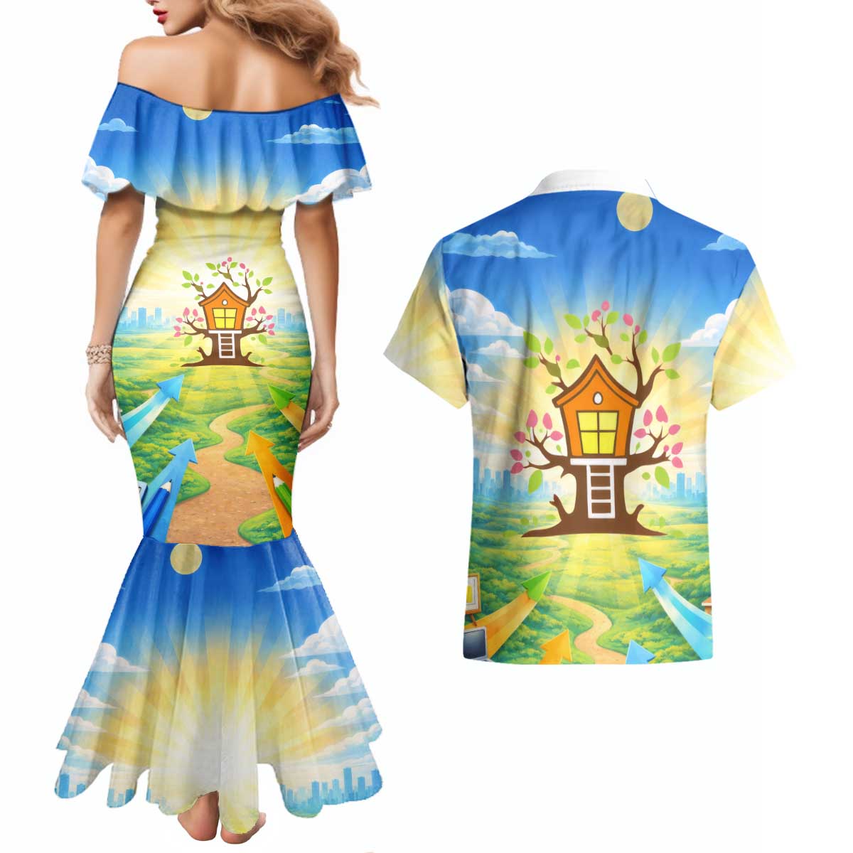 Quality Learning Center Couples Matching Mermaid Dress and Hawaiian Shirt Funny Day Care Bright and Playful Branded