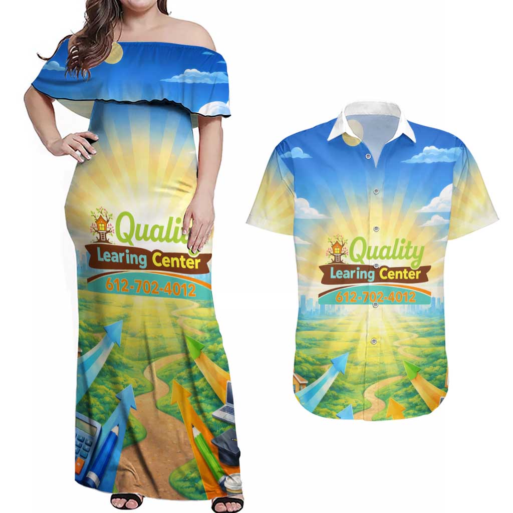 Quality Learning Center Couples Matching Off Shoulder Maxi Dress and Hawaiian Shirt Funny Day Care Bright and Playful Branded