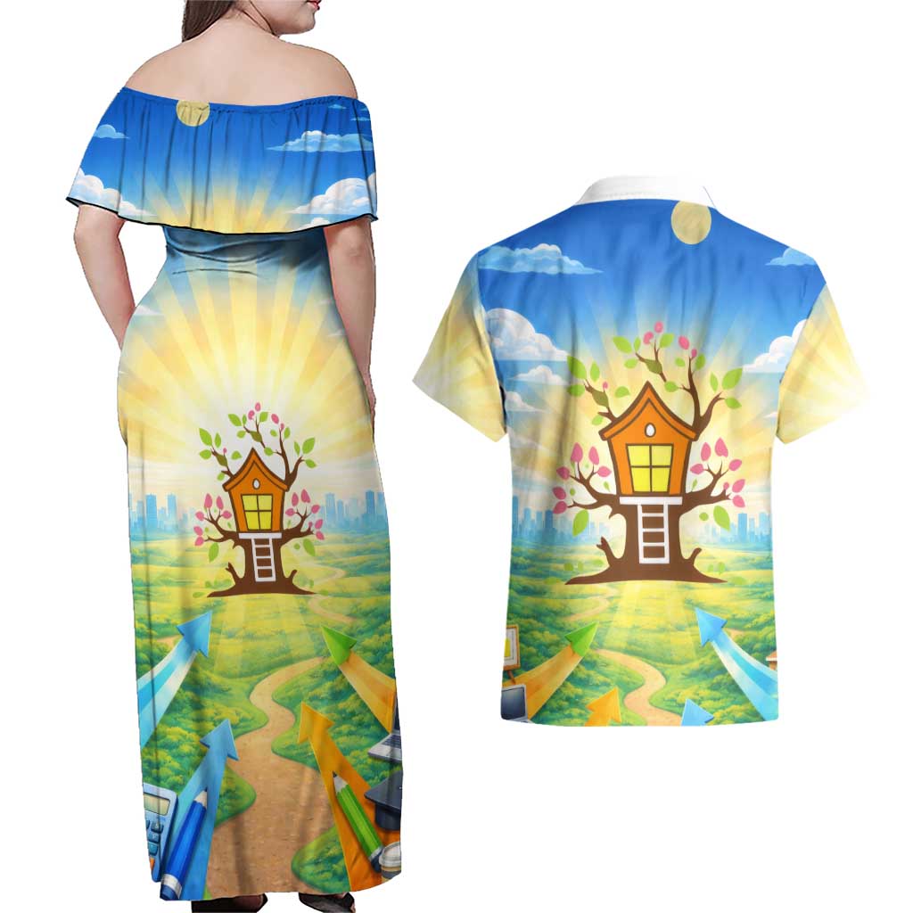 Quality Learning Center Couples Matching Off Shoulder Maxi Dress and Hawaiian Shirt Funny Day Care Bright and Playful Branded