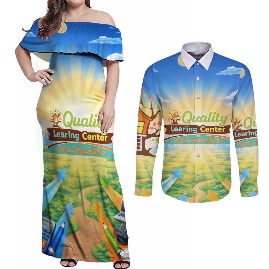 Quality Learning Center Couples Matching Off Shoulder Maxi Dress and Long Sleeve Button Shirt Funny Day Care Bright and Playful Branded