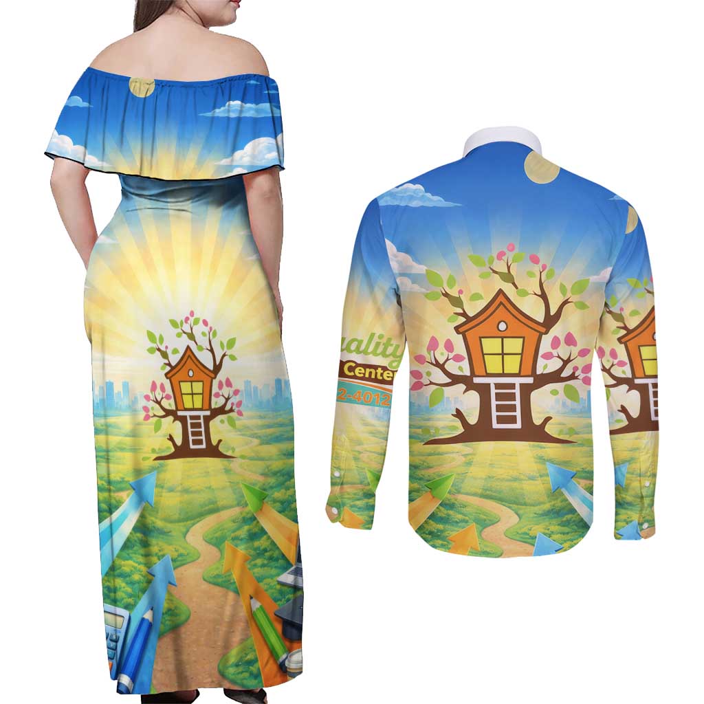 Quality Learning Center Couples Matching Off Shoulder Maxi Dress and Long Sleeve Button Shirt Funny Day Care Bright and Playful Branded