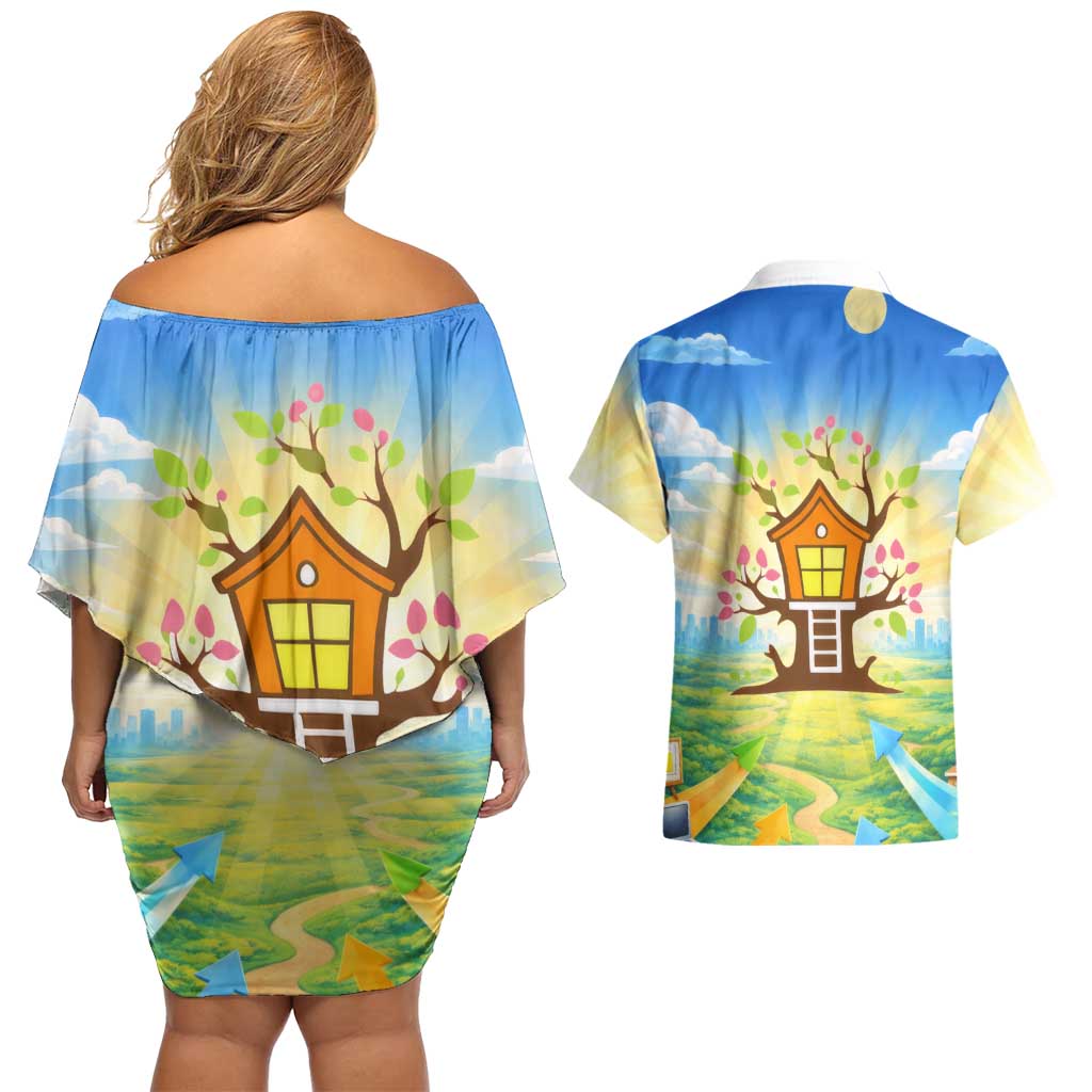 Quality Learning Center Couples Matching Off Shoulder Short Dress and Hawaiian Shirt Funny Day Care Bright and Playful Branded
