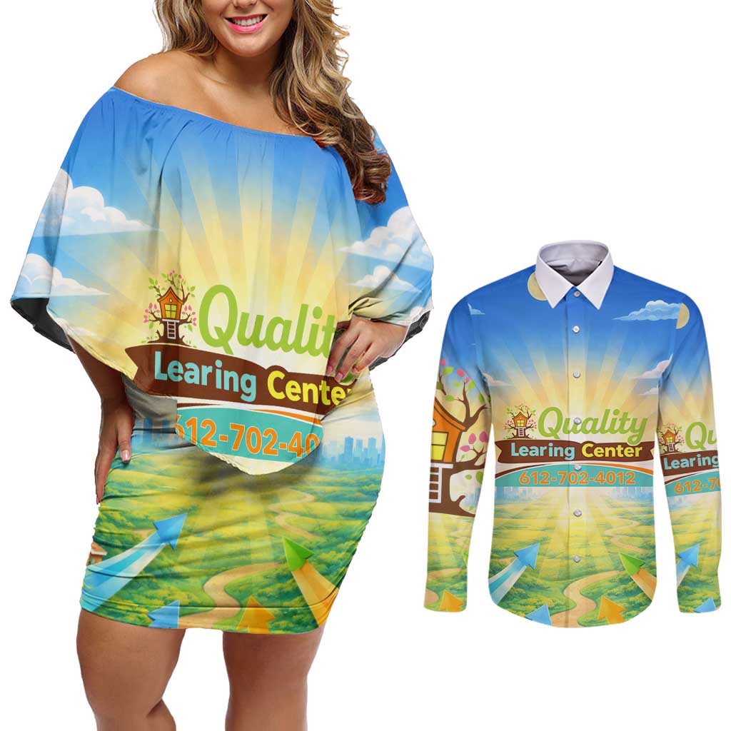 Quality Learning Center Couples Matching Off Shoulder Short Dress and Long Sleeve Button Shirt Funny Day Care Bright and Playful Branded