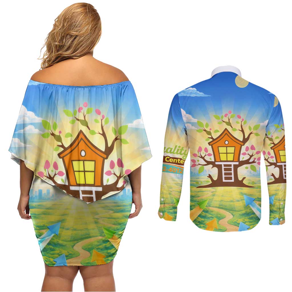 Quality Learning Center Couples Matching Off Shoulder Short Dress and Long Sleeve Button Shirt Funny Day Care Bright and Playful Branded