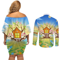 Quality Learning Center Couples Matching Off Shoulder Short Dress and Long Sleeve Button Shirt Funny Day Care Bright and Playful Branded