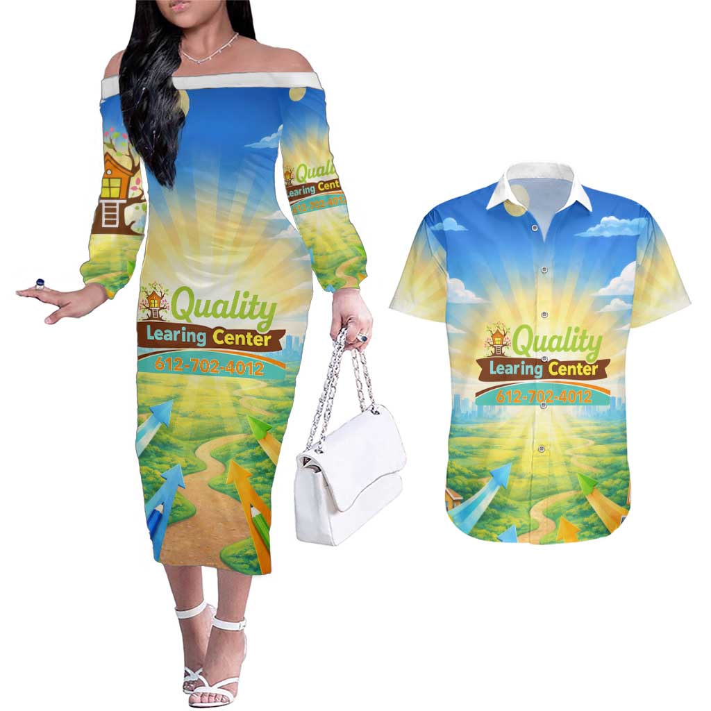 Quality Learning Center Couples Matching Off The Shoulder Long Sleeve Dress and Hawaiian Shirt Funny Day Care Bright and Playful Branded