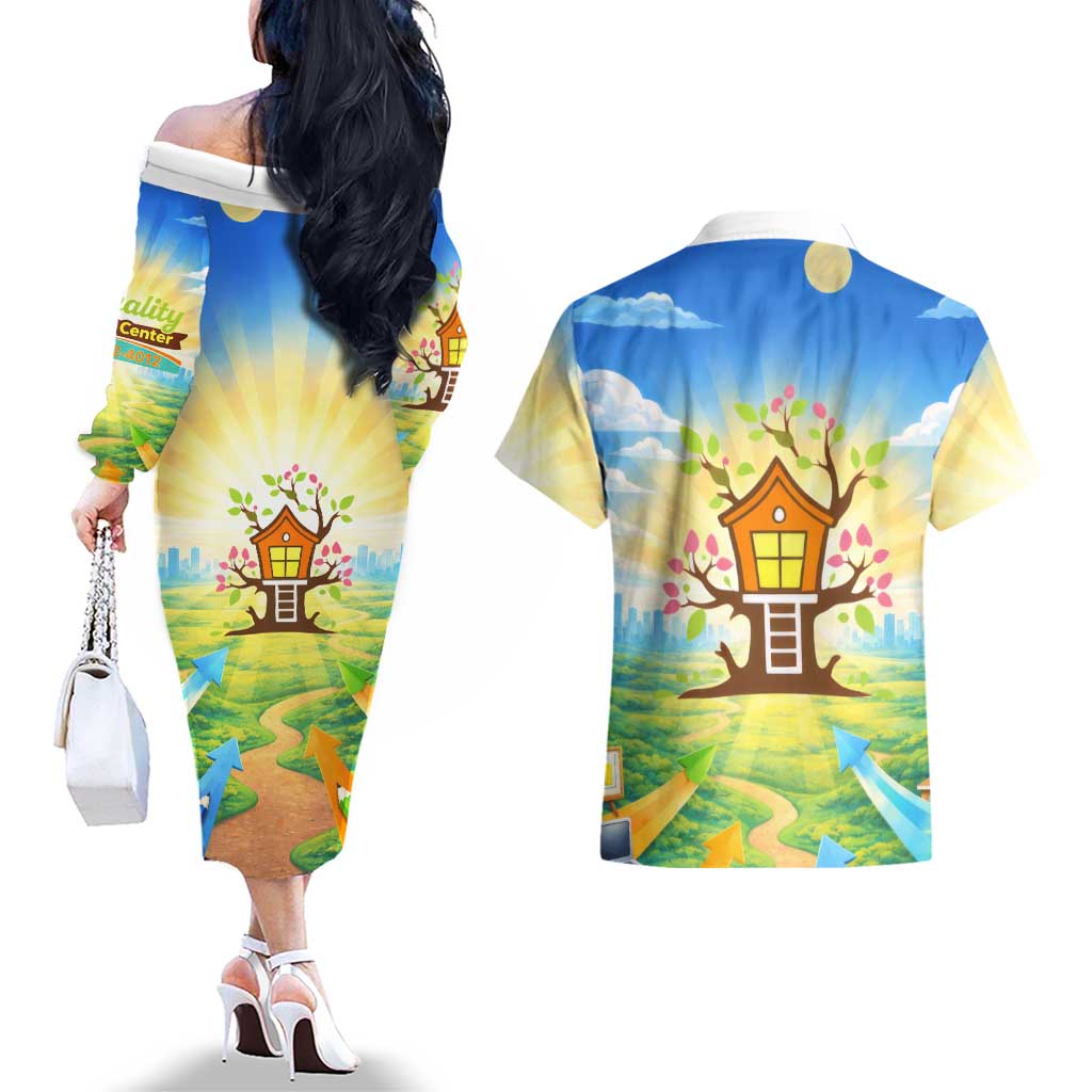 Quality Learning Center Couples Matching Off The Shoulder Long Sleeve Dress and Hawaiian Shirt Funny Day Care Bright and Playful Branded