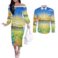 Quality Learning Center Couples Matching Off The Shoulder Long Sleeve Dress and Long Sleeve Button Shirt Funny Day Care Bright and Playful Branded