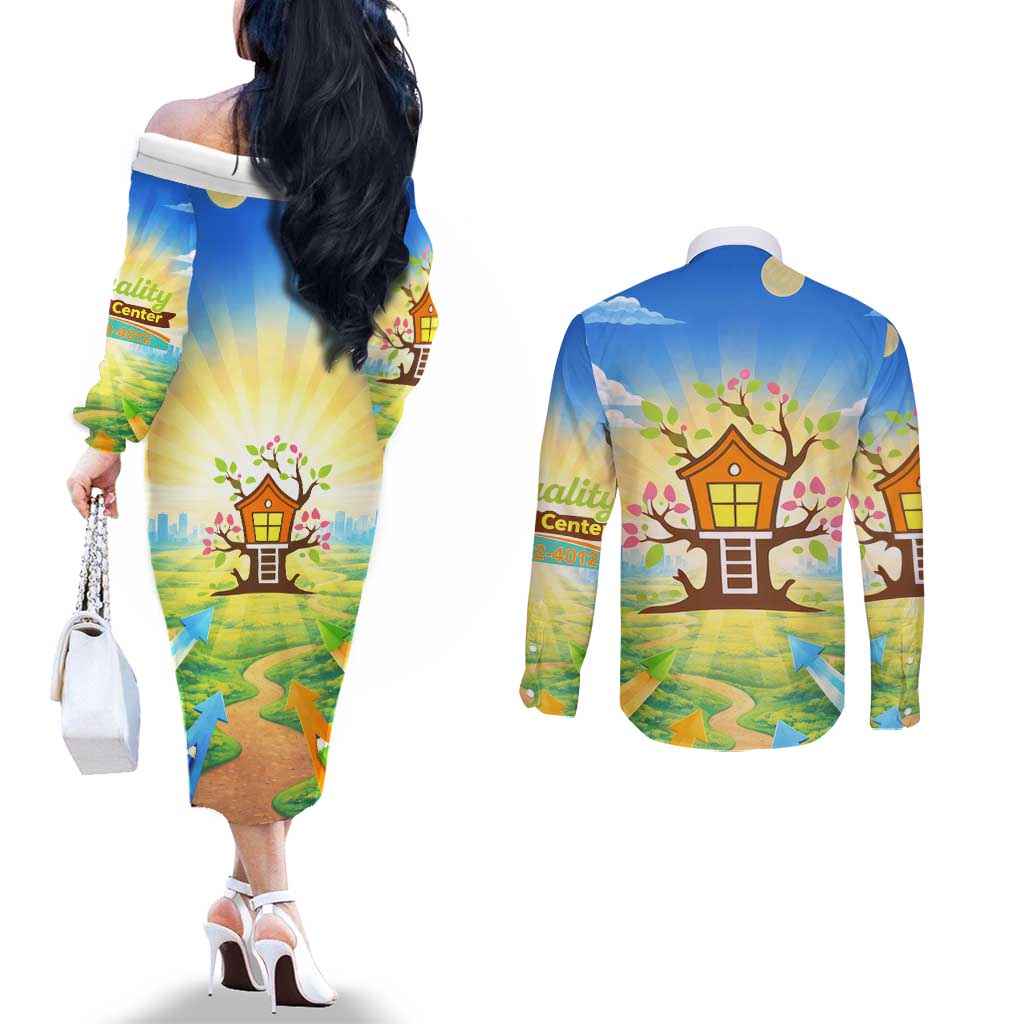 Quality Learning Center Couples Matching Off The Shoulder Long Sleeve Dress and Long Sleeve Button Shirt Funny Day Care Bright and Playful Branded