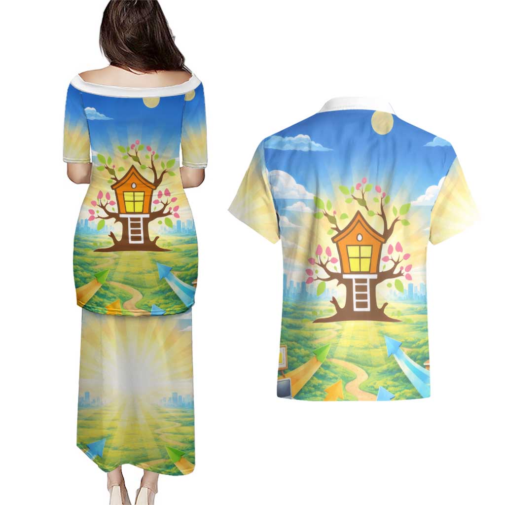 Quality Learning Center Couples Matching Puletasi and Hawaiian Shirt Funny Day Care Bright and Playful Branded