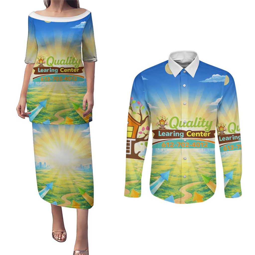 Quality Learning Center Couples Matching Puletasi and Long Sleeve Button Shirt Funny Day Care Bright and Playful Branded