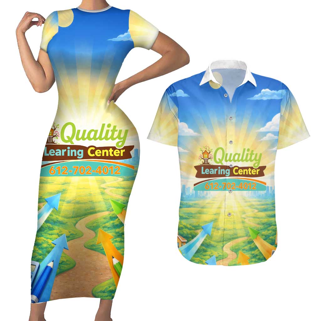 Quality Learning Center Couples Matching Short Sleeve Bodycon Dress and Hawaiian Shirt Funny Day Care Bright and Playful Branded