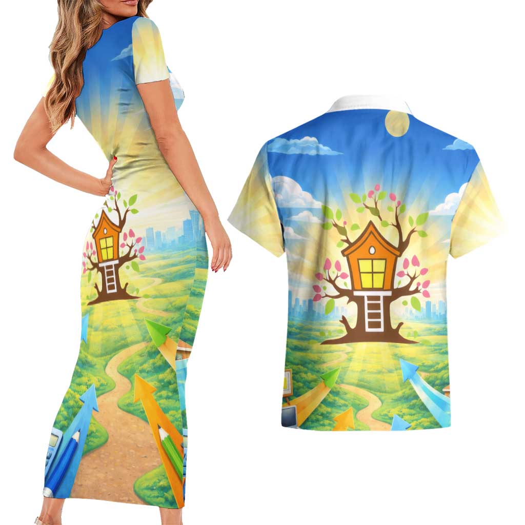 Quality Learning Center Couples Matching Short Sleeve Bodycon Dress and Hawaiian Shirt Funny Day Care Bright and Playful Branded