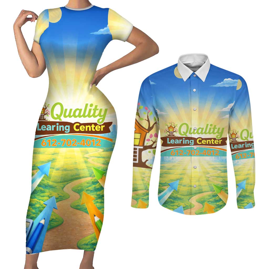 Quality Learning Center Couples Matching Short Sleeve Bodycon Dress and Long Sleeve Button Shirt Funny Day Care Bright and Playful Branded
