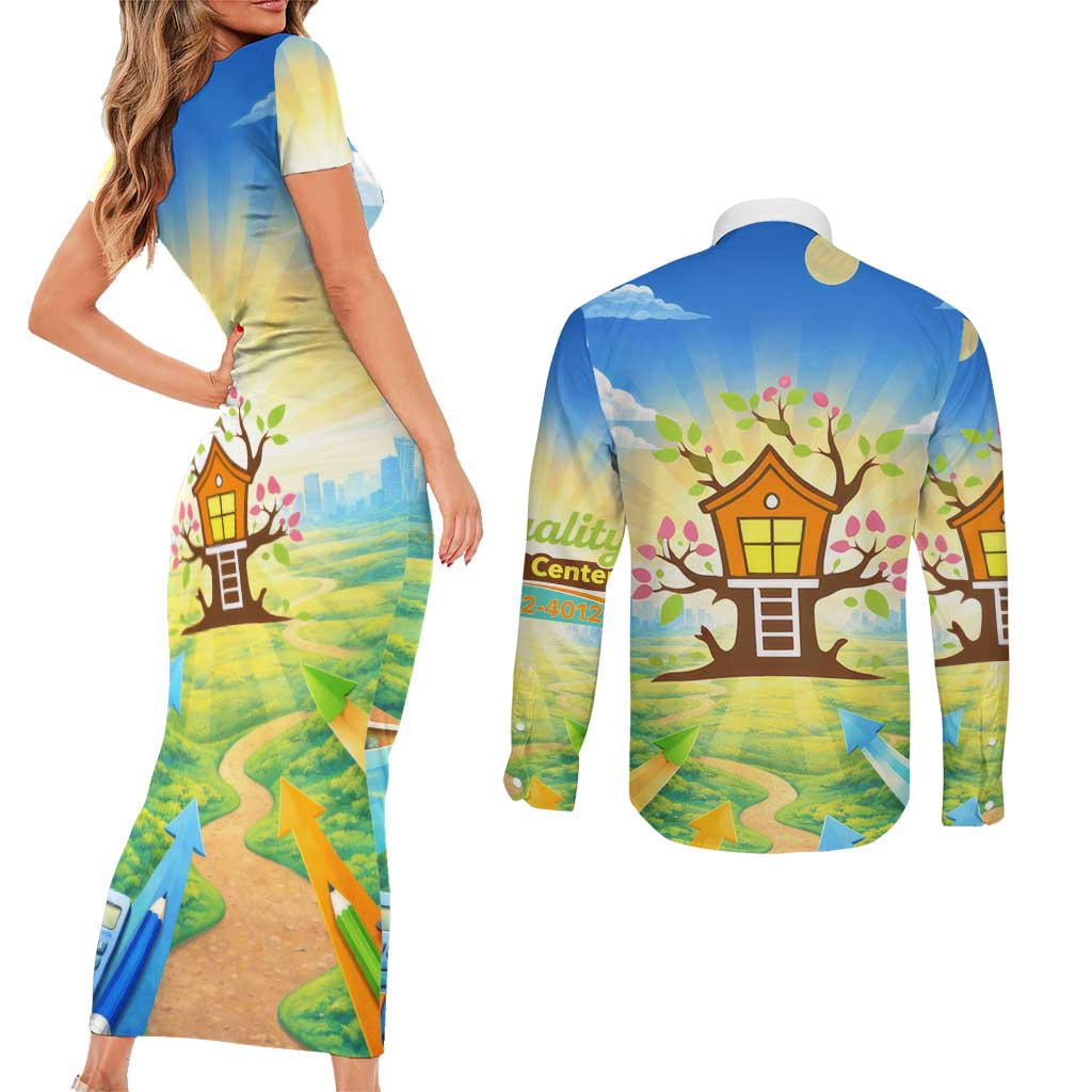 Quality Learning Center Couples Matching Short Sleeve Bodycon Dress and Long Sleeve Button Shirt Funny Day Care Bright and Playful Branded