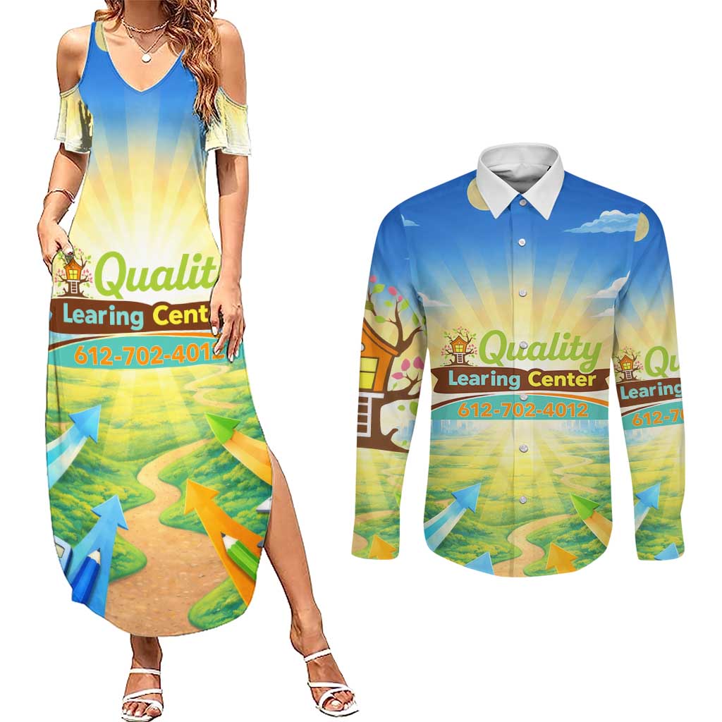 Quality Learning Center Couples Matching Summer Maxi Dress and Long Sleeve Button Shirt Funny Day Care Bright and Playful Branded