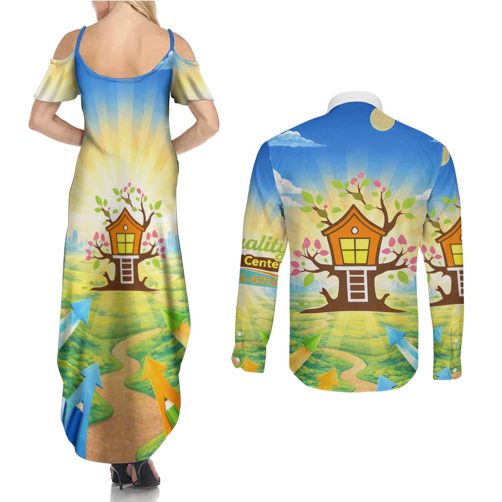 Quality Learning Center Couples Matching Summer Maxi Dress and Long Sleeve Button Shirt Funny Day Care Bright and Playful Branded