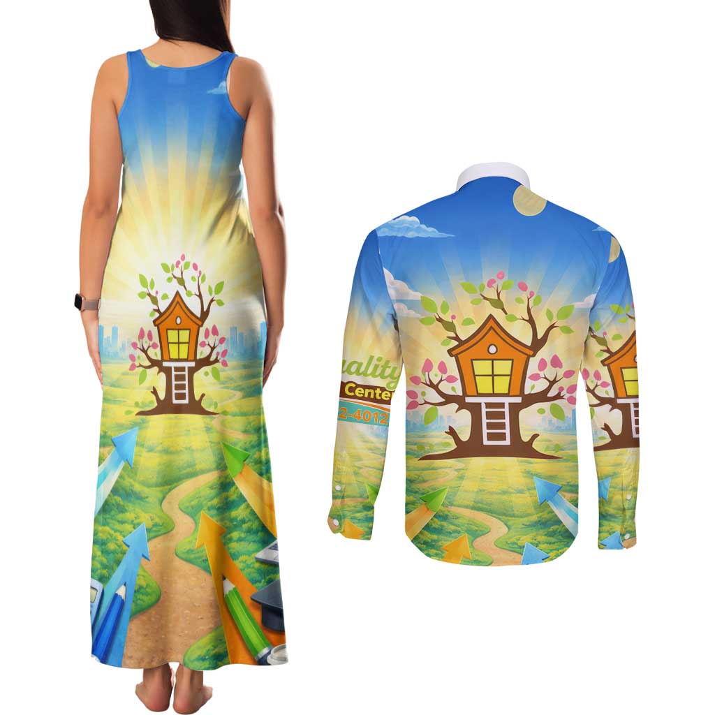 Quality Learning Center Couples Matching Tank Maxi Dress and Long Sleeve Button Shirt Funny Day Care Bright and Playful Branded