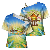 Quality Learning Center Cross Shoulder Shirt Funny Day Care Bright and Playful Branded