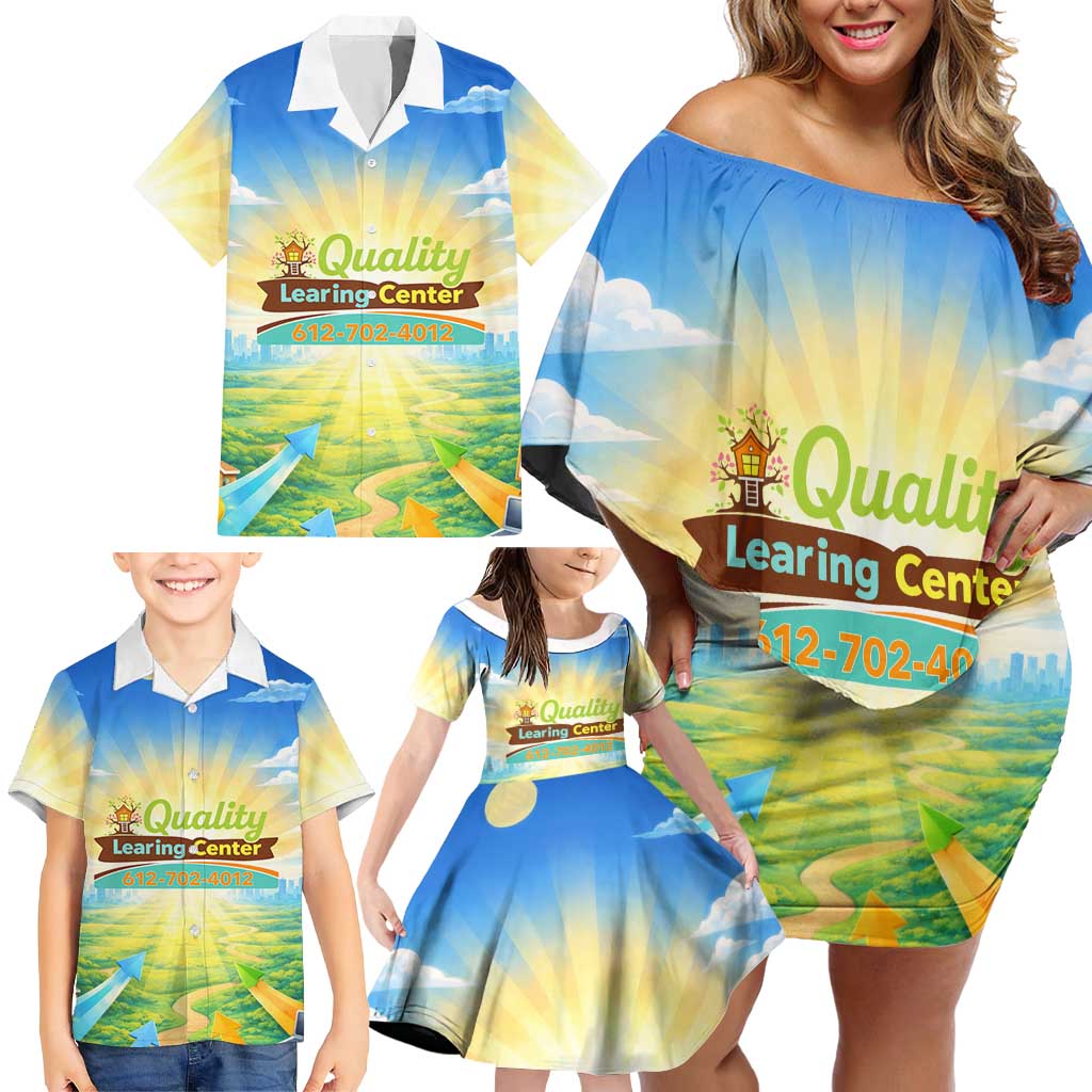 Quality Learning Center Family Matching Off Shoulder Short Dress and Hawaiian Shirt Funny Day Care Bright and Playful Branded