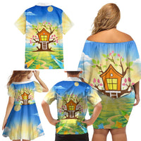 Quality Learning Center Family Matching Off Shoulder Short Dress and Hawaiian Shirt Funny Day Care Bright and Playful Branded