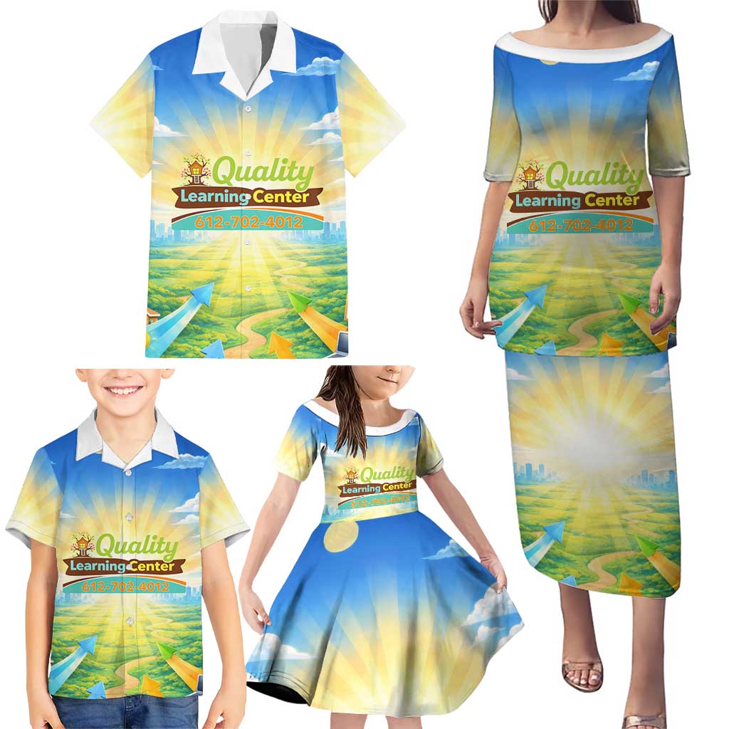 Quality Learning Center Family Matching Puletasi and Hawaiian Shirt Funny Day Care Bright and Playful Branded