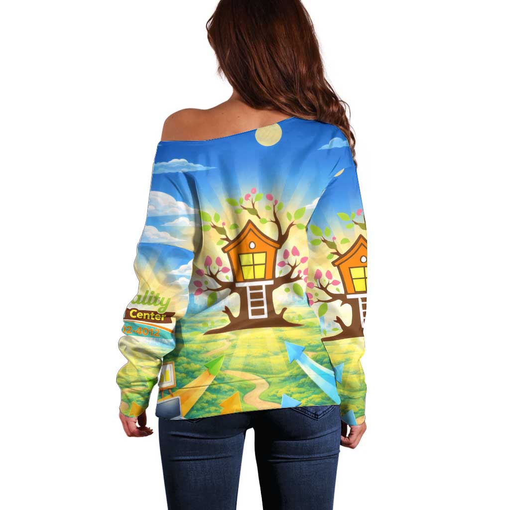 Quality Learning Center Off Shoulder Sweater Funny Day Care Bright and Playful Branded