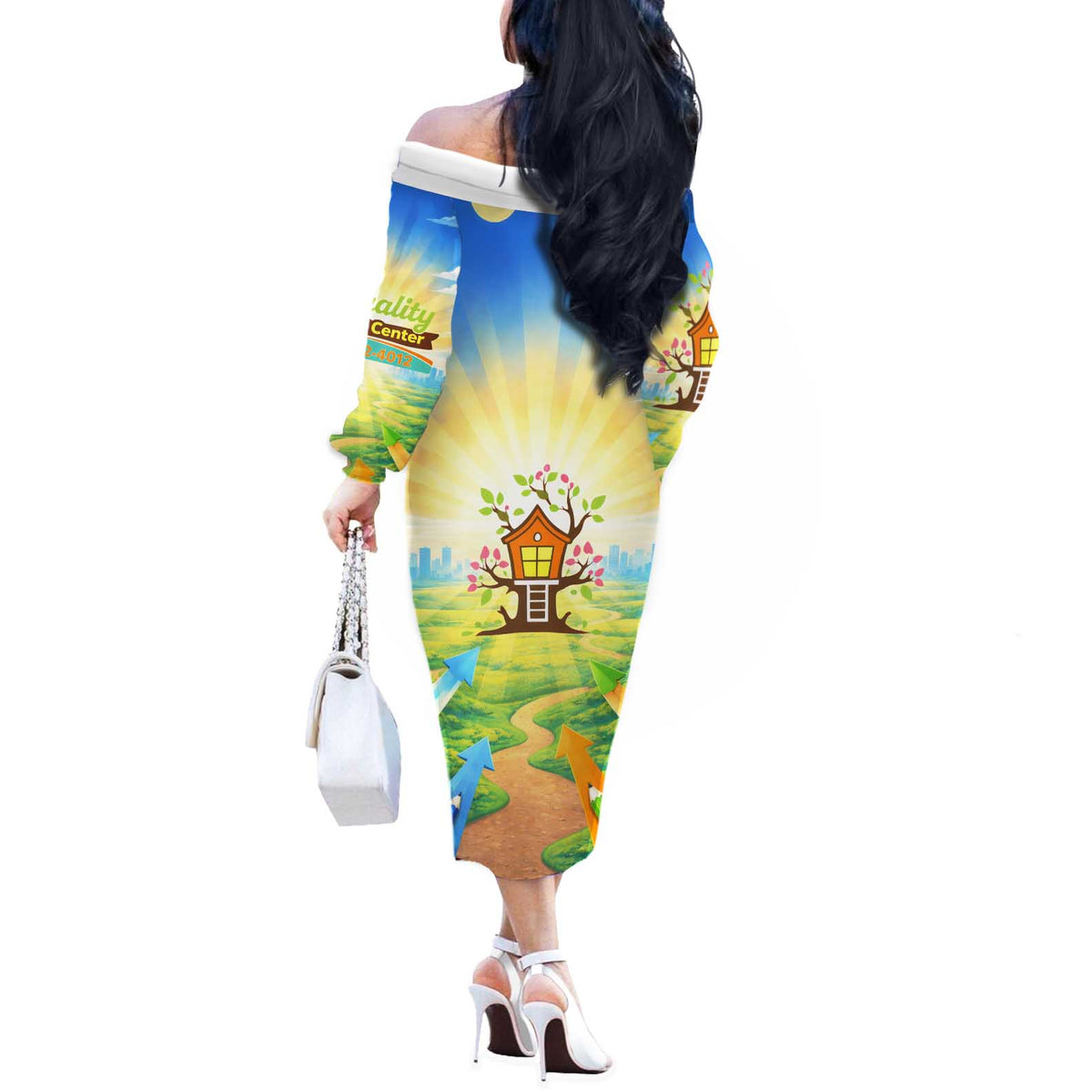 Quality Learning Center Off The Shoulder Long Sleeve Dress Funny Day Care Bright and Playful Branded