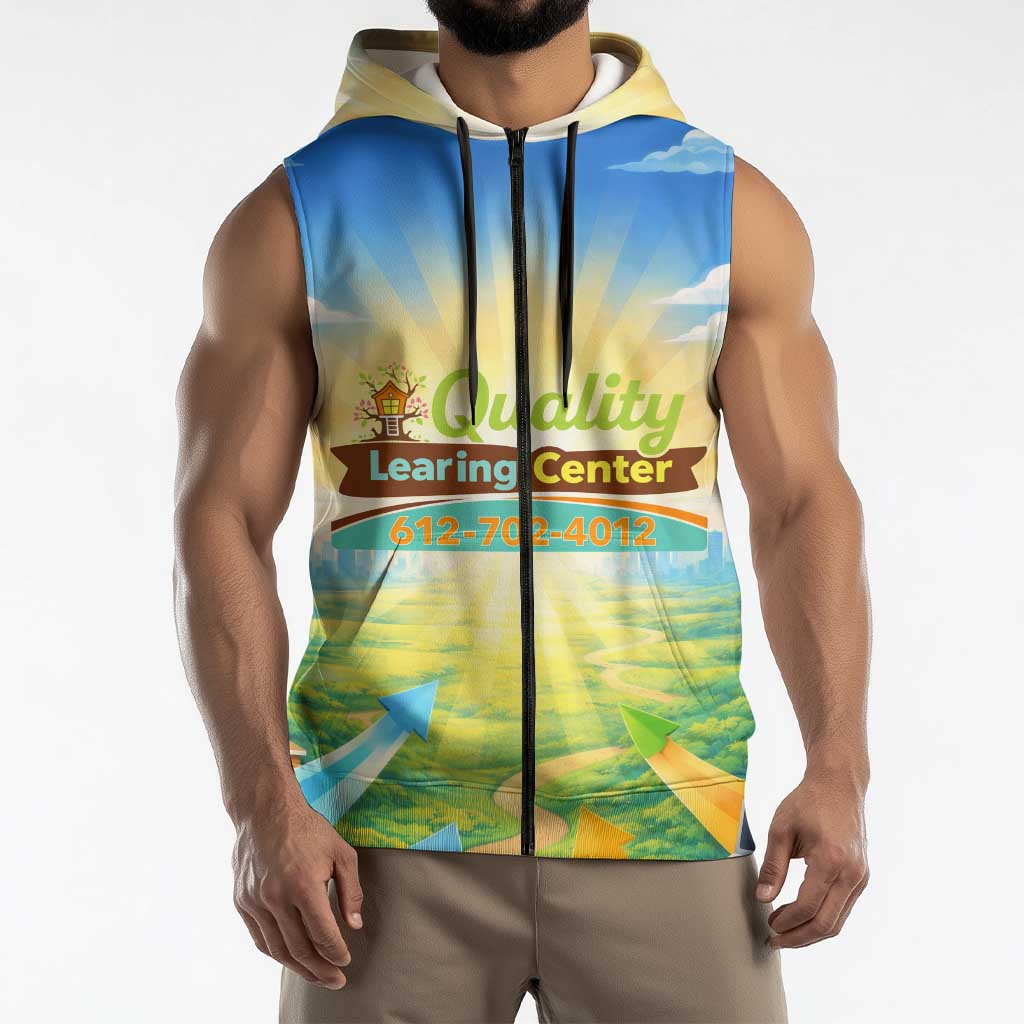 Quality Learning Center Sleeveless Zip Hoodie Funny Day Care Bright and Playful Branded