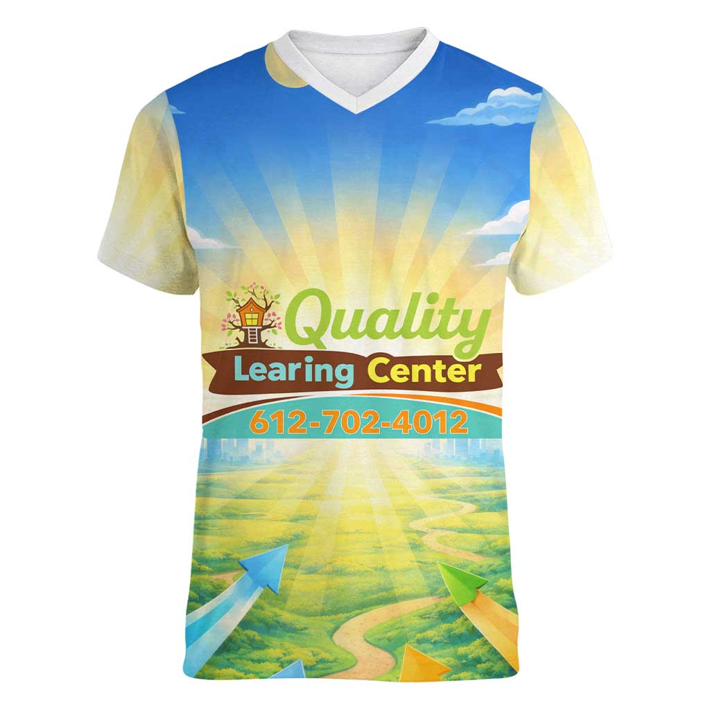 Quality Learning Center Women V-Neck T-Shirt Funny Day Care Bright and Playful Branded