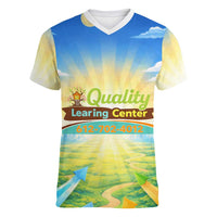 Quality Learning Center Women V-Neck T-Shirt Funny Day Care Bright and Playful Branded