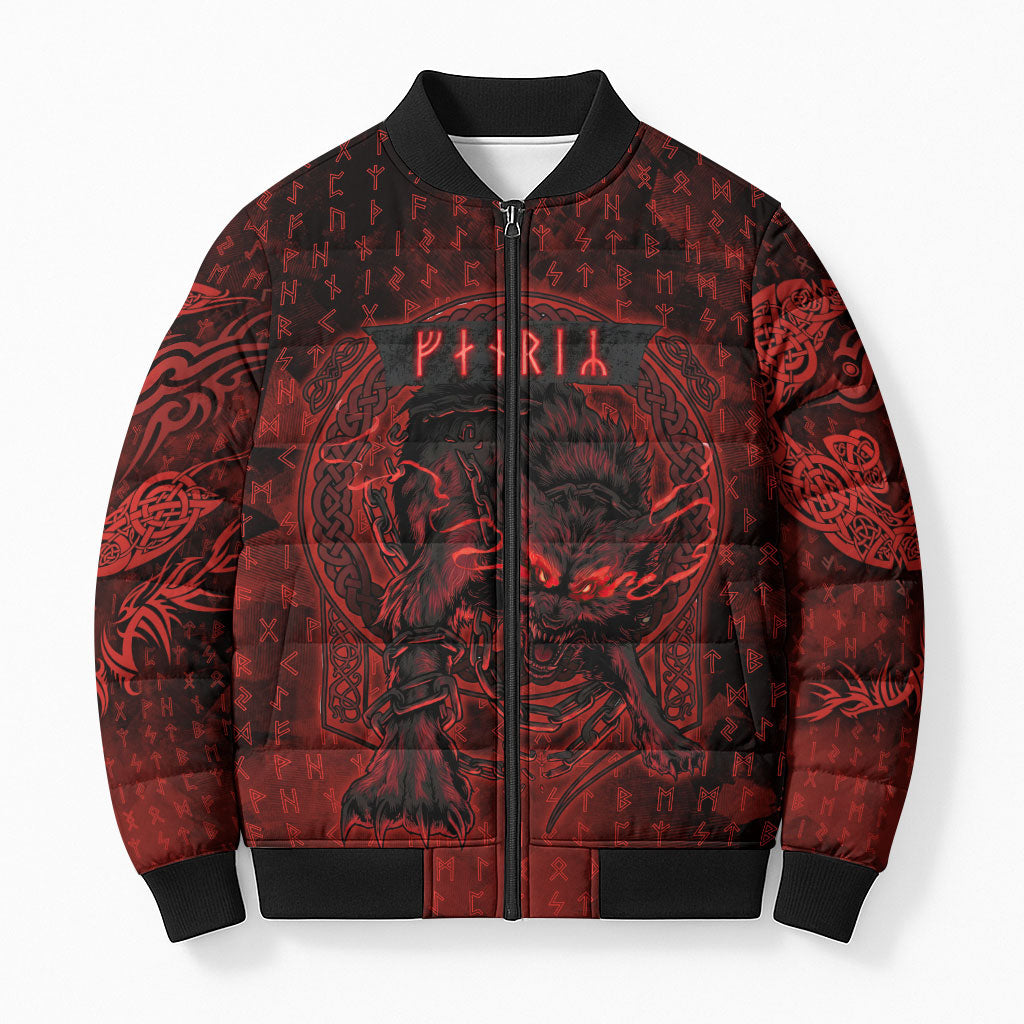 Fenrir Norse Wolf Bomber Puffer Jacket Viking Runic Celtic Knot Dark Art