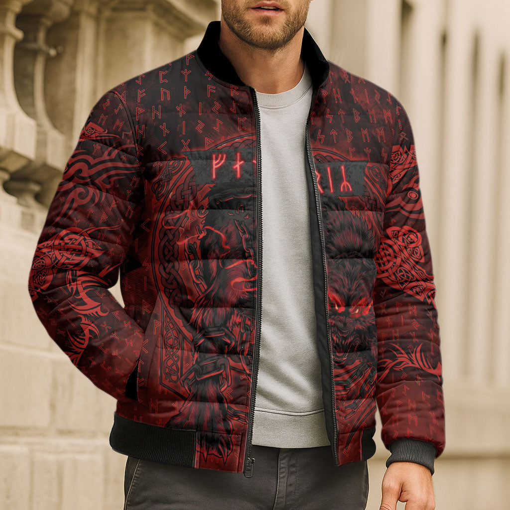 Fenrir Norse Wolf Bomber Puffer Jacket Viking Runic Celtic Knot Dark Art