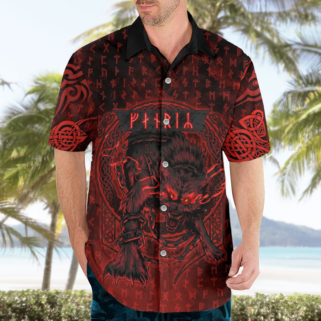 Fenrir Norse Wolf Hawaiian Shirt Viking Runic Celtic Knot Dark Art