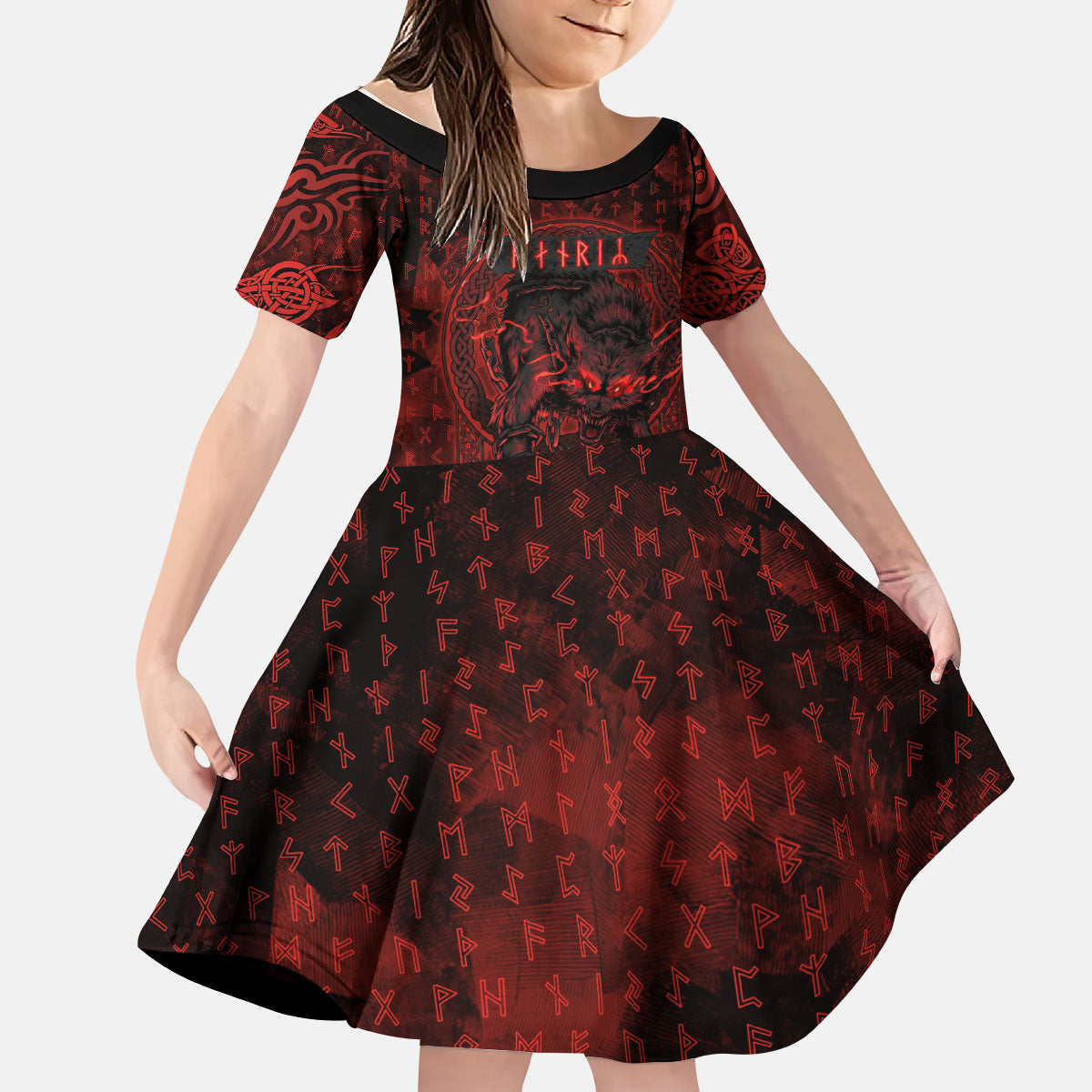 Fenrir Norse Wolf Kid Short Sleeve Dress Viking Runic Celtic Knot Dark Art