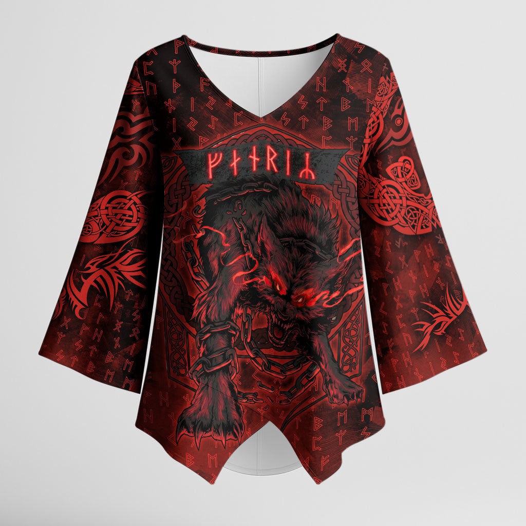 Fenrir Norse Wolf Kimono Sleeve Blouse Viking Runic Celtic Knot Dark Art