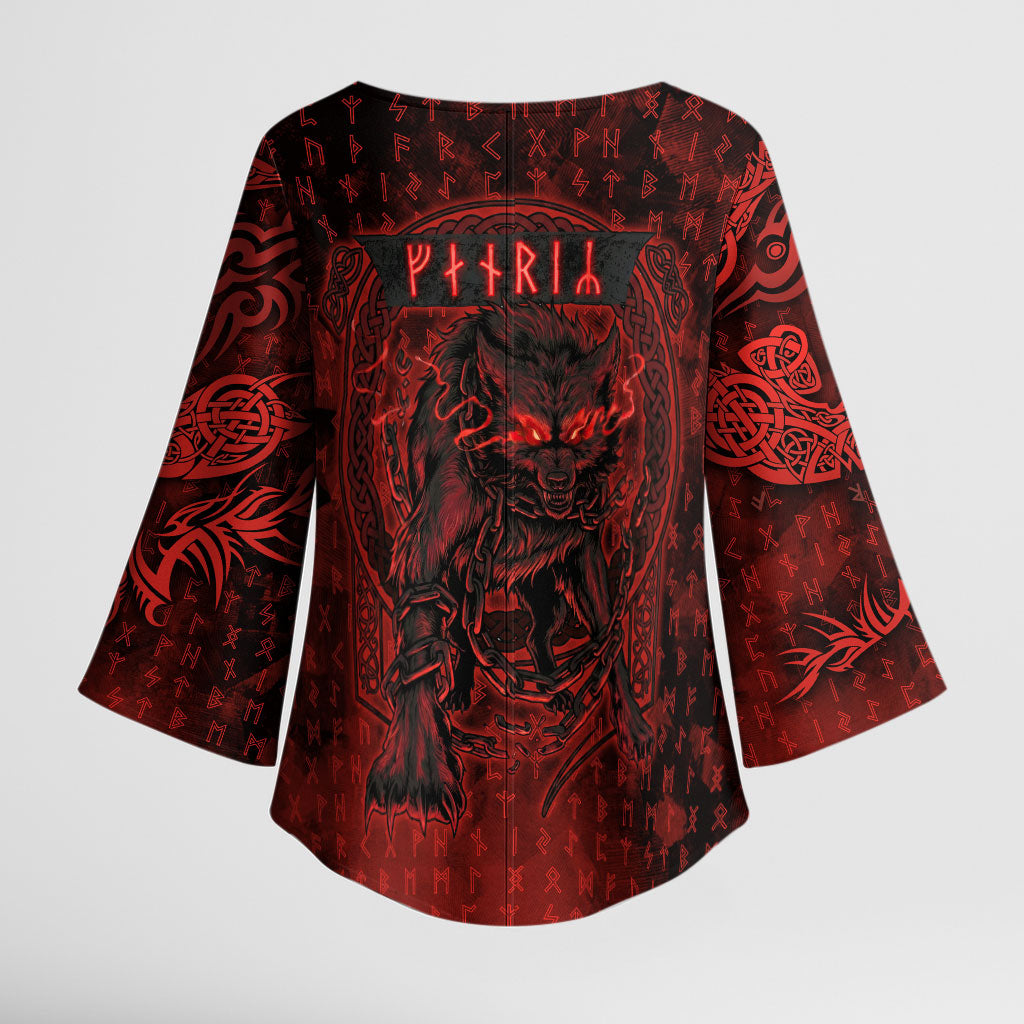 Fenrir Norse Wolf Kimono Sleeve Blouse Viking Runic Celtic Knot Dark Art