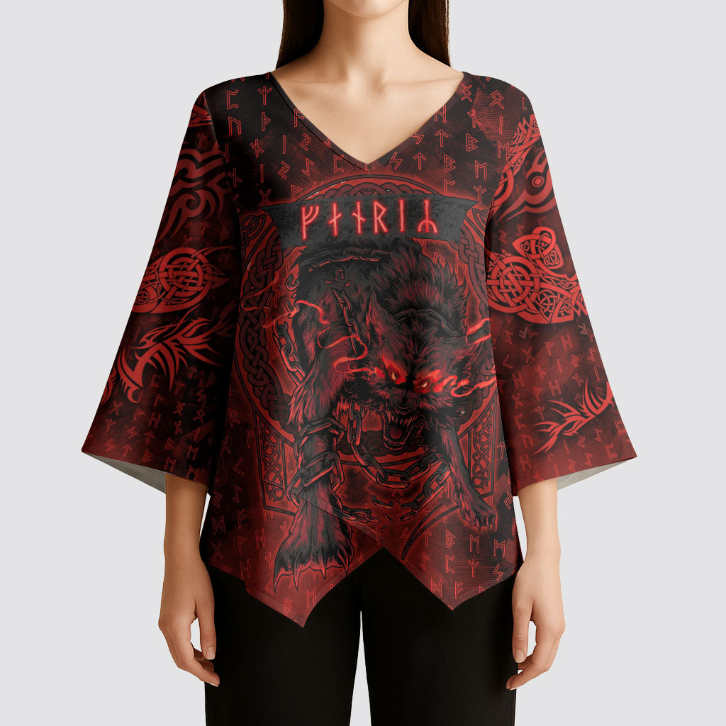 Fenrir Norse Wolf Kimono Sleeve Blouse Viking Runic Celtic Knot Dark Art