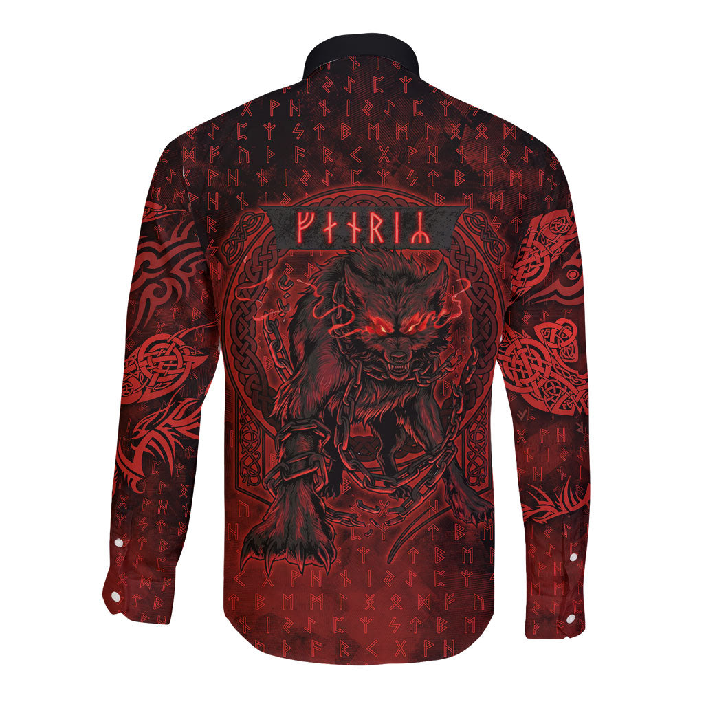 Fenrir Norse Wolf Long Sleeve Button Shirt Viking Runic Celtic Knot Dark Art