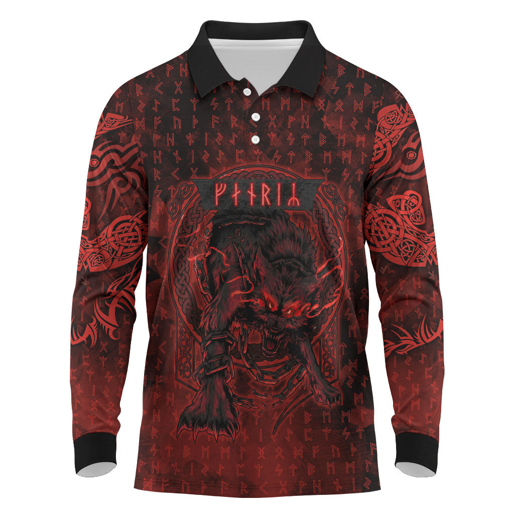 Fenrir Norse Wolf Long Sleeve Polo Shirt Viking Runic Celtic Knot Dark Art