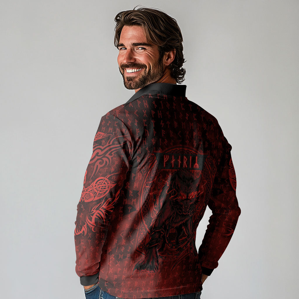 Fenrir Norse Wolf Long Sleeve Polo Shirt Viking Runic Celtic Knot Dark Art